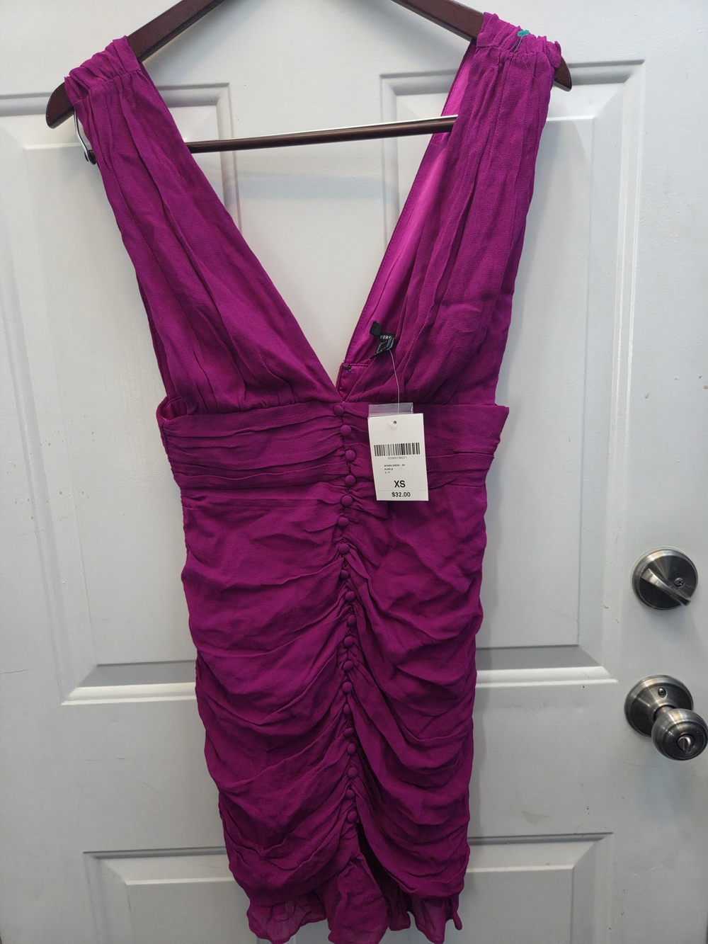 Ruched Deep V Mini Dress in Fuchsia